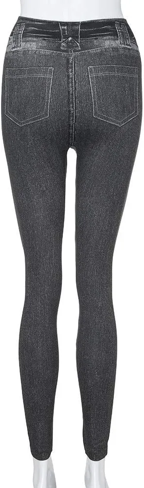 Women's Denim Print Leggings Seamless Stretchy Fake Jeans High Waist Tummy Control Jean Look Leggings Jeggings