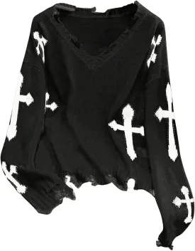 Women's Graphic Sweaters V Neck Long Sleeve Distressed Sweaters Raw Hem Knitted Pullover Top