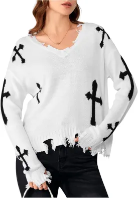 Women's Graphic Sweaters V Neck Long Sleeve Distressed Sweaters Raw Hem Knitted Pullover Top