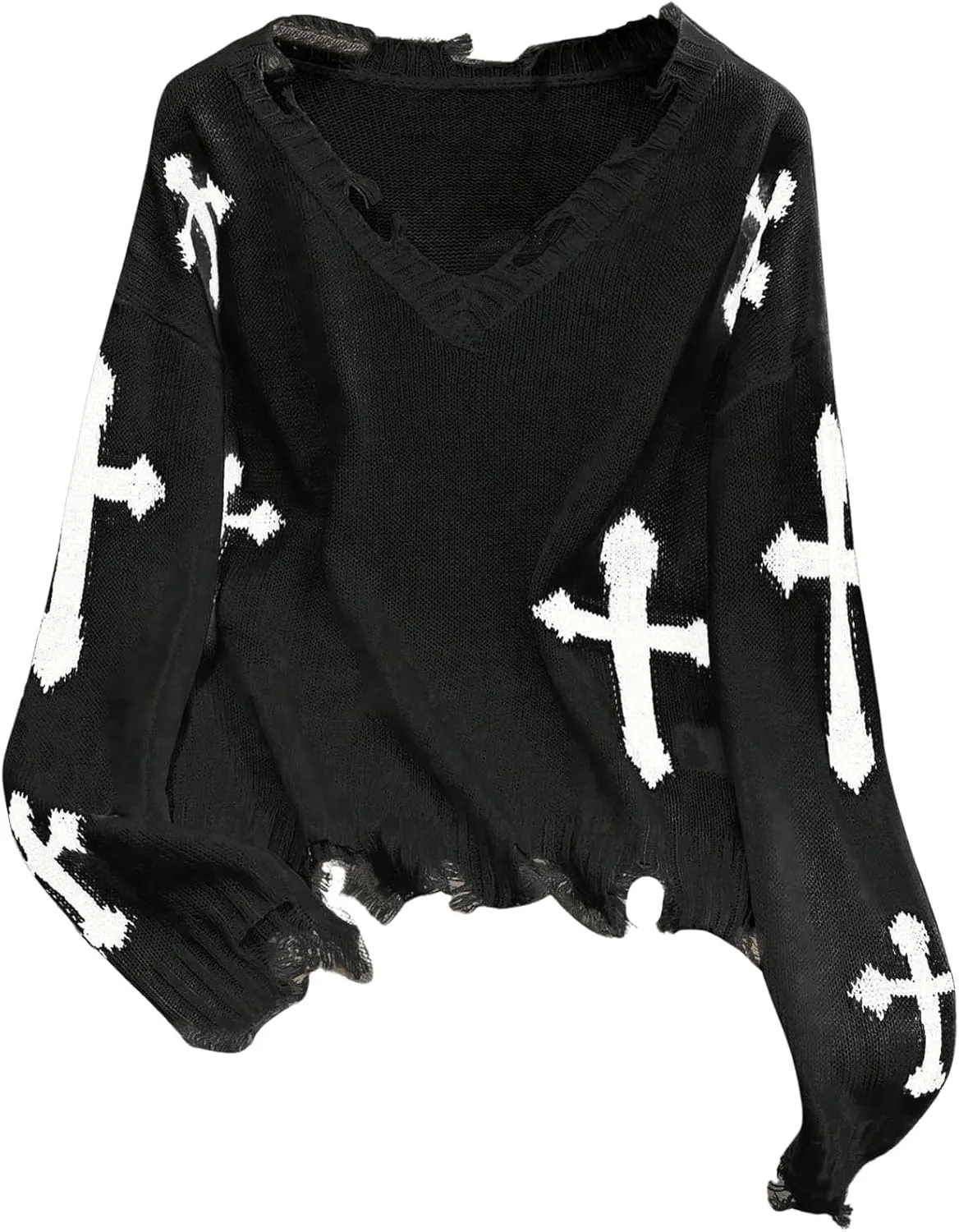 Women's Graphic Sweaters V Neck Long Sleeve Distressed Sweaters Raw Hem Knitted Pullover Top