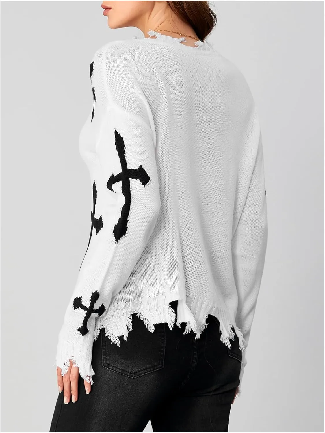 Women's Graphic Sweaters V Neck Long Sleeve Distressed Sweaters Raw Hem Knitted Pullover Top