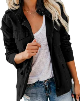 Women's Military Jackets Zip Up Snap Buttons Anorak Coat Utility Safari Jacket Lightweight Fall Outwear with Pockets