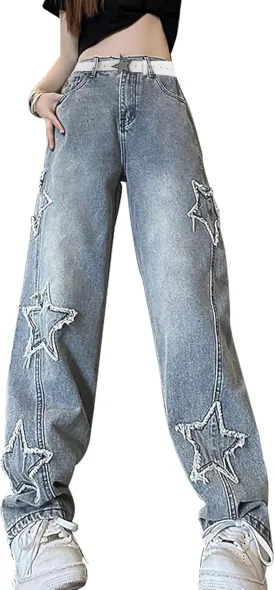 Womens Star Jeans Baggy Cargo Jeans Vintage Casual Y2K Outfits Straight Leg Denim with Pocket