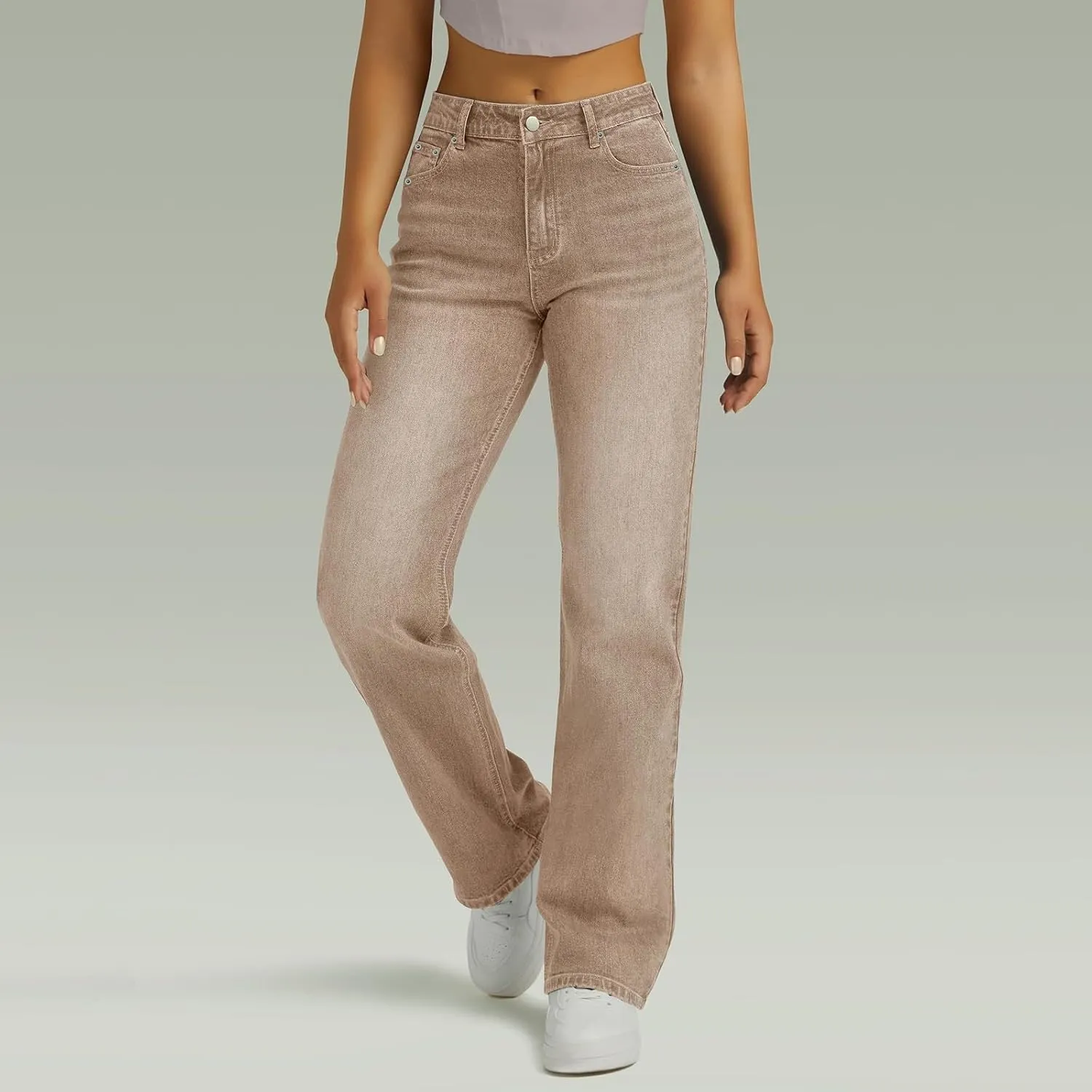 Womens Straight Leg Jeans High Waisted Trendy Welt Stretchy Baggy Loose Denim Pants with Pockets