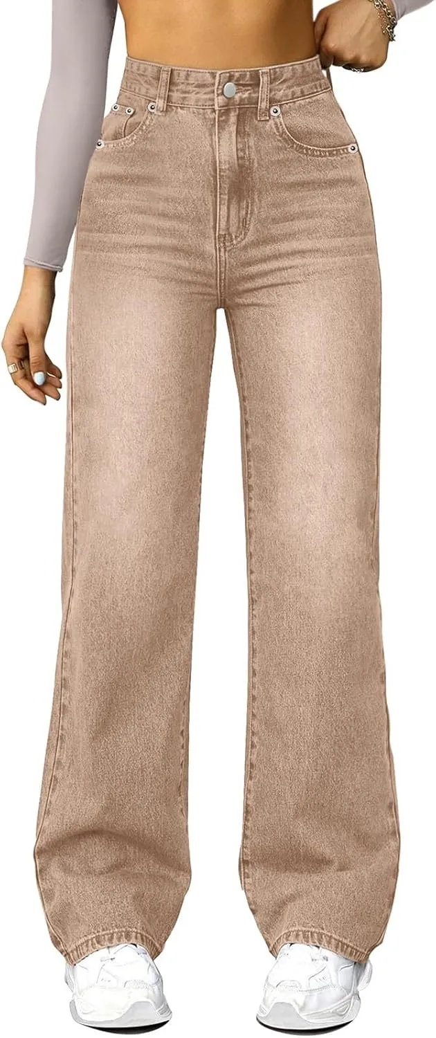 Womens Straight Leg Jeans High Waisted Trendy Welt Stretchy Baggy Loose Denim Pants with Pockets