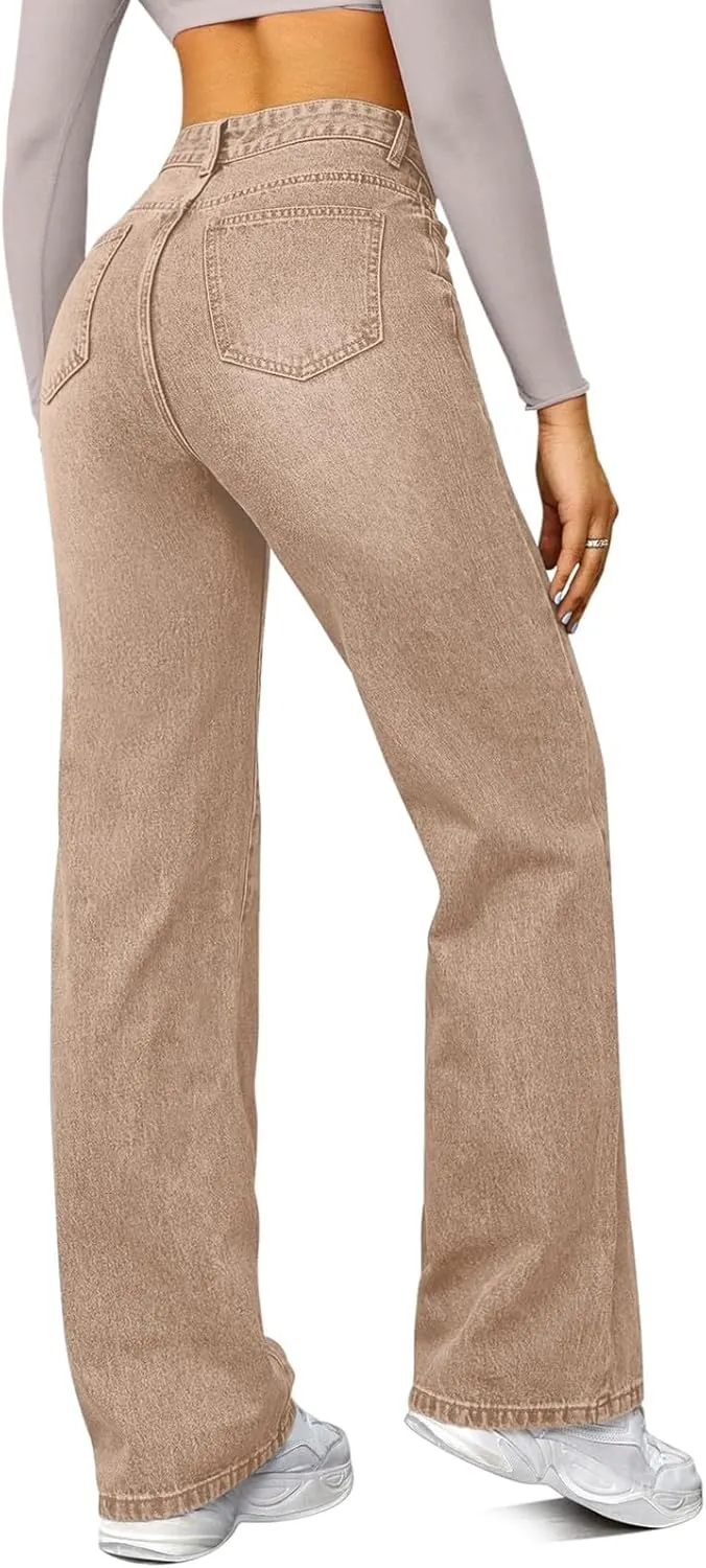 Womens Straight Leg Jeans High Waisted Trendy Welt Stretchy Baggy Loose Denim Pants with Pockets