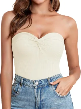 Womens Strapless Crop Top Twist Knot Front Bandeau Ribbed cuted Y2K Strapless Tank Summer Vacation Tops Corset