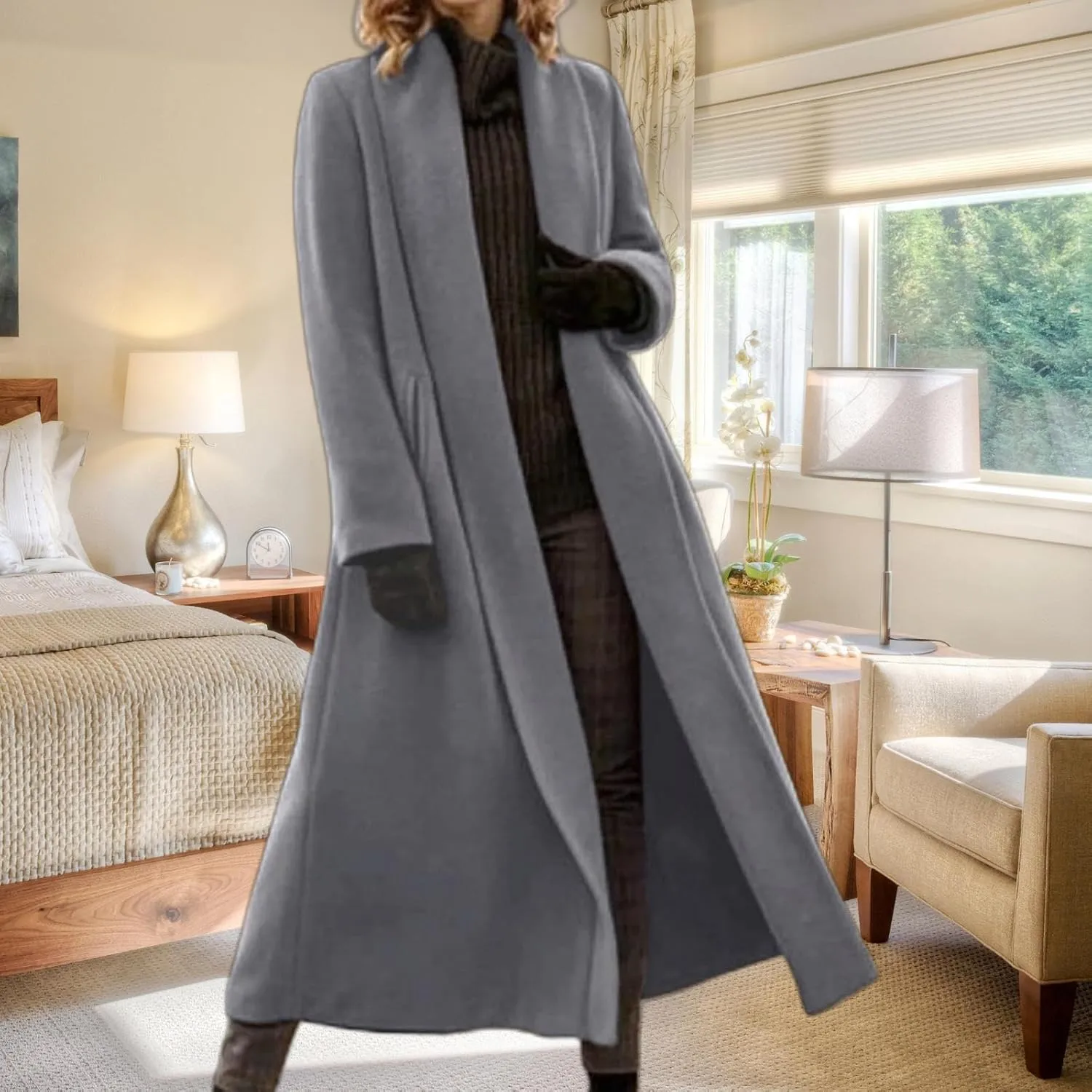 Womens Wool Blend Coat Open Front Shawl Collar Maxi Long Coat Business Casual Winter Trench Pea Coat Overcoat