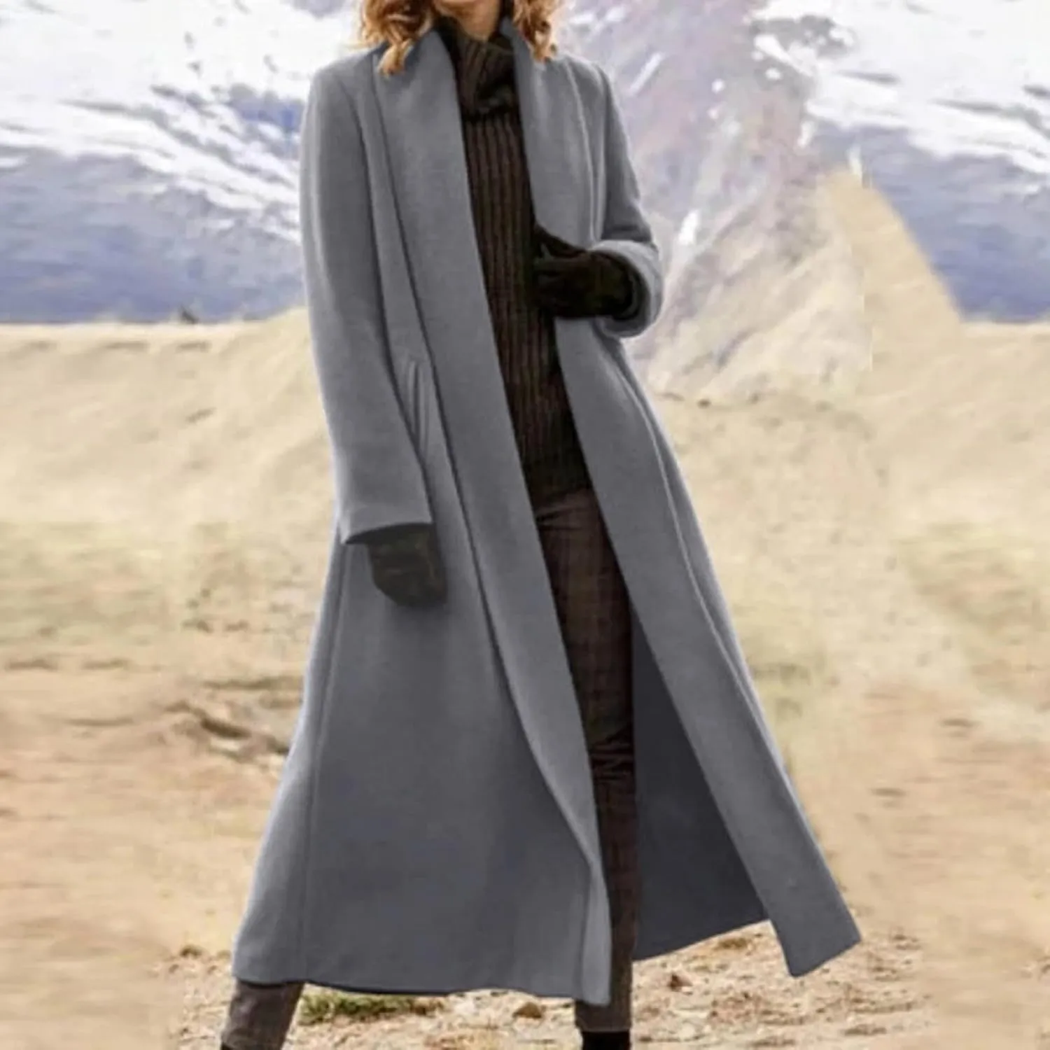 Womens Wool Blend Coat Open Front Shawl Collar Maxi Long Coat Business Casual Winter Trench Pea Coat Overcoat