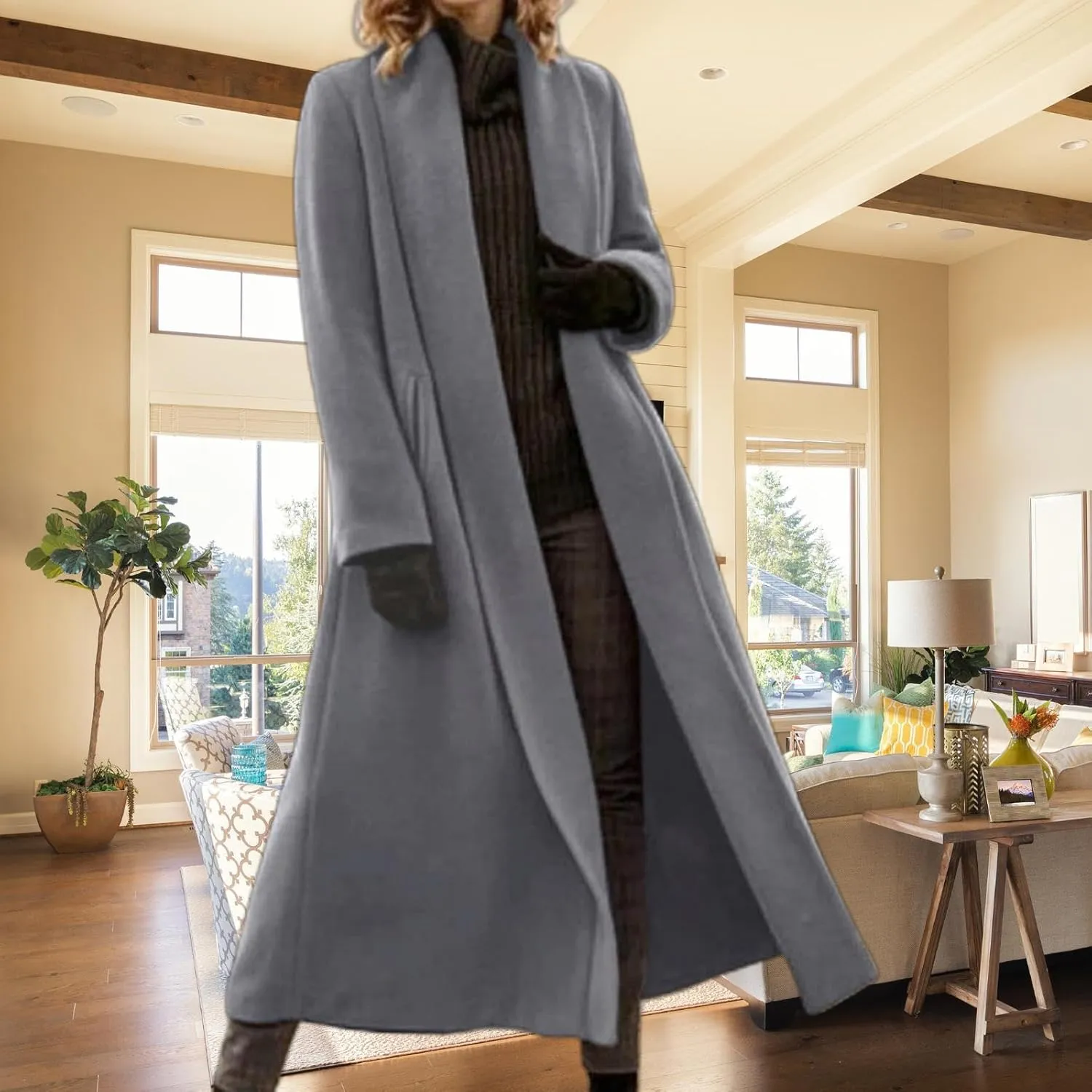 Womens Wool Blend Coat Open Front Shawl Collar Maxi Long Coat Business Casual Winter Trench Pea Coat Overcoat