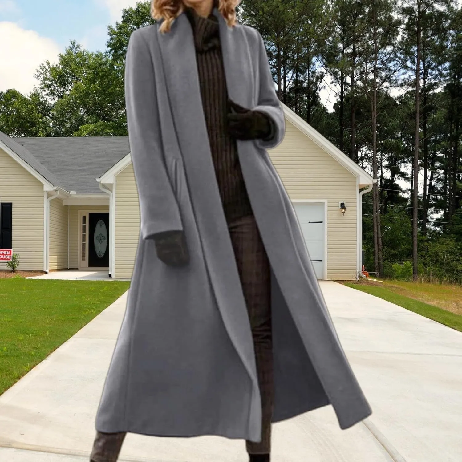 Womens Wool Blend Coat Open Front Shawl Collar Maxi Long Coat Business Casual Winter Trench Pea Coat Overcoat