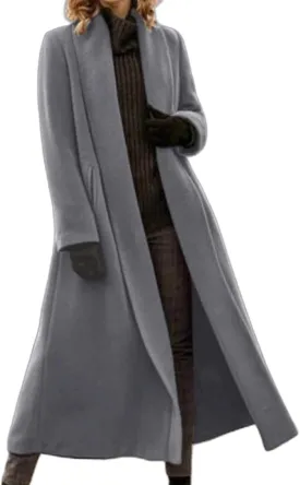 Womens Wool Blend Coat Open Front Shawl Collar Maxi Long Coat Business Casual Winter Trench Pea Coat Overcoat