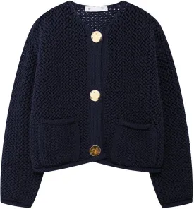 Wyeysyt Womens Cropped Cardigan Sweaters Chunky Knit Gold Button Down Open Front Cardigan Long Sleeve Crop Crochet Sweaters
