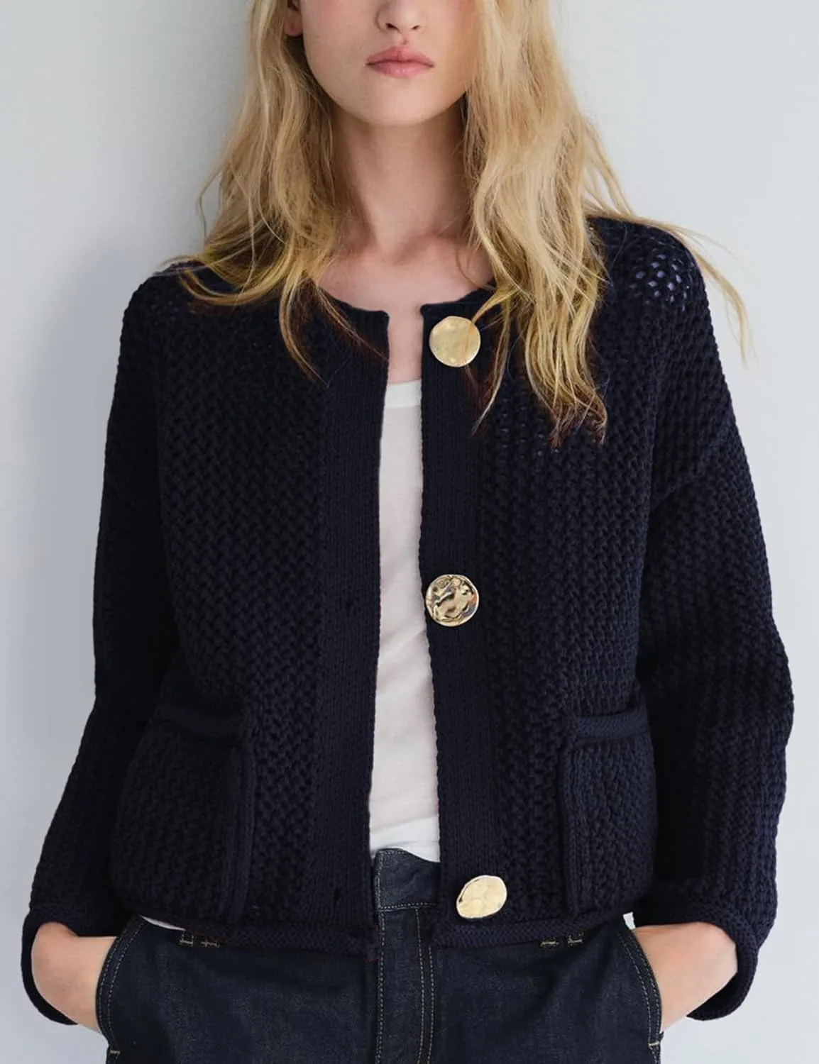 Wyeysyt Womens Cropped Cardigan Sweaters Chunky Knit Gold Button Down Open Front Cardigan Long Sleeve Crop Crochet Sweaters