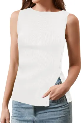 Ythomm Womens Asymmetrical Side-Button Slit Tank Tops Sleeveless Boat Neck Ribbed Knit Sweater Vest Solid Slim Going Out Tops