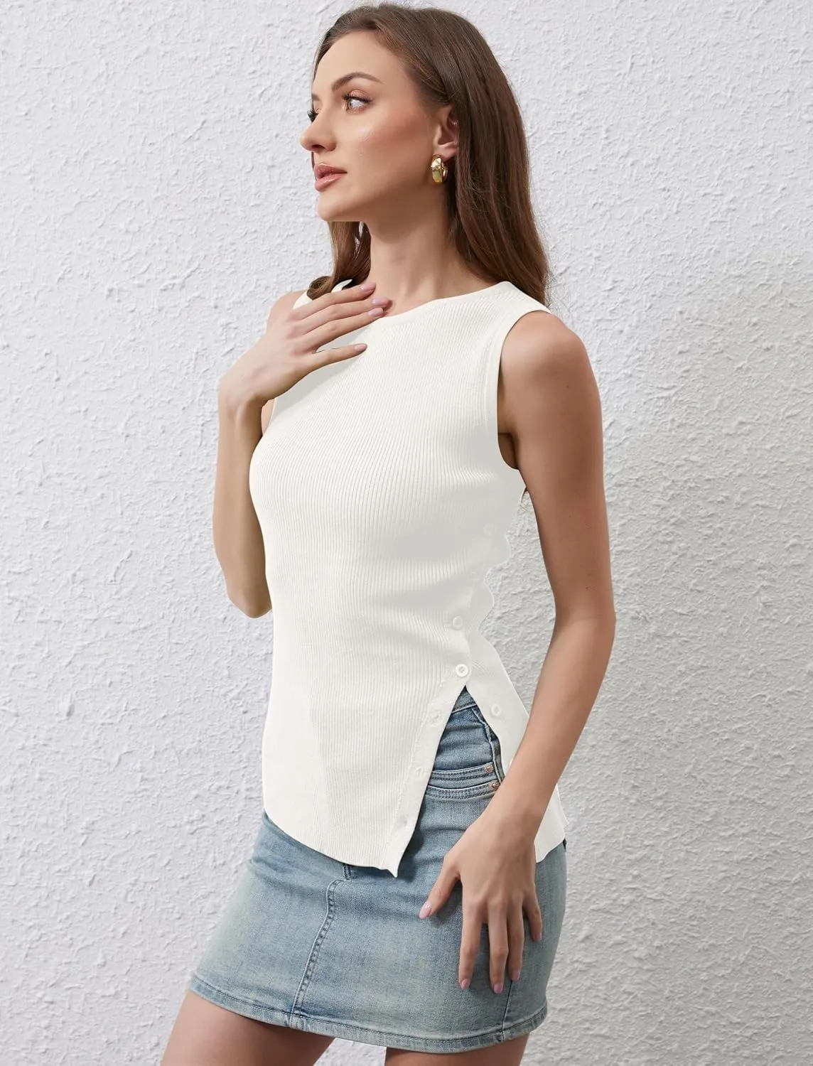 Ythomm Womens Asymmetrical Side-Button Slit Tank Tops Sleeveless Boat Neck Ribbed Knit Sweater Vest Solid Slim Going Out Tops